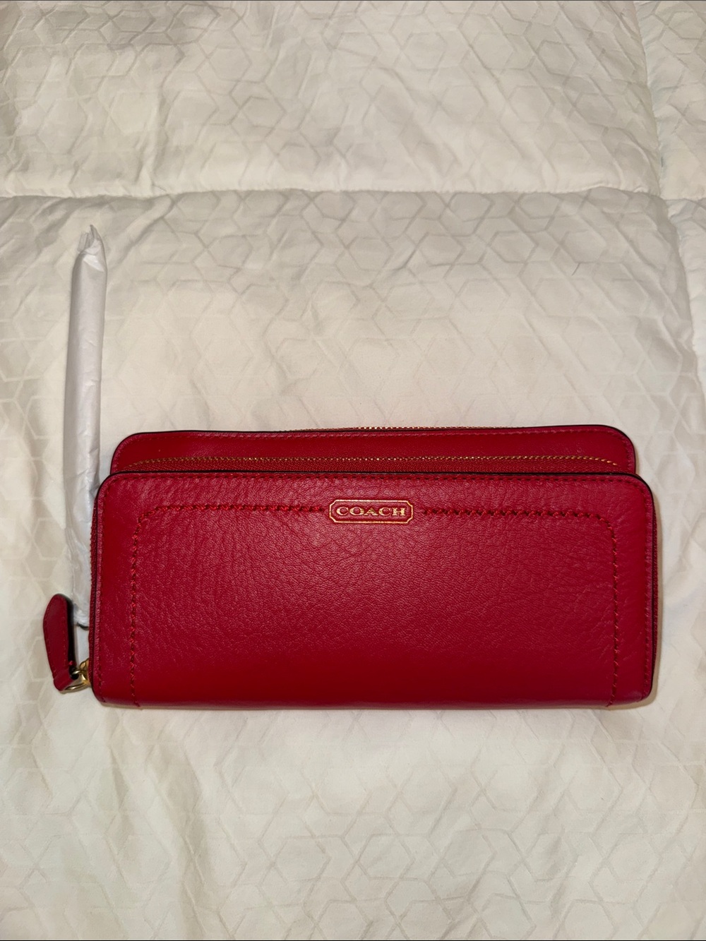 Coach Red Leather Zip-Around Wallet with Gold Logo